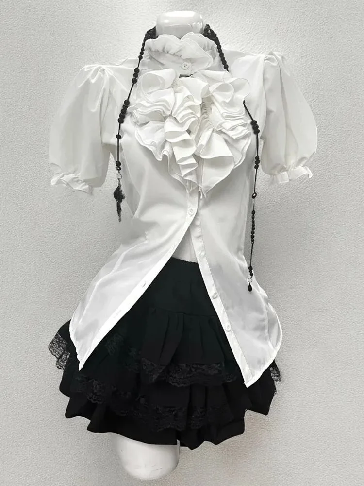 Gothic Retro Slim 3 Piece Skirt Sets Y2k Bow Short Sleeve Shirt + Casual Mini Vest + Puff Cake Kawaii Skirts 2000s Vintage Suits