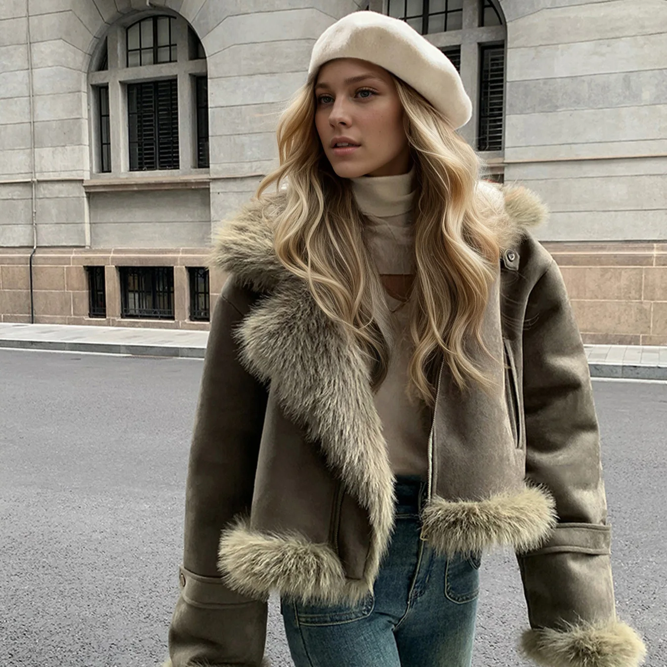 

Winter New Fashion Solid Color Women Fur One-piece Coat Simple Large Collar Female Short Motorcycle Casual Jacket