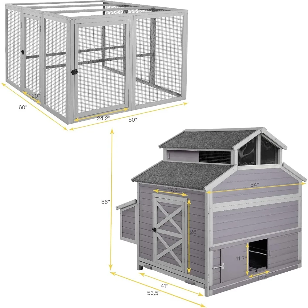 115in Chicken Coop Outdoor Large Hen House, Wooden Poultry Cage with Nesting Box, Run -4 Access Areas EASY TO CLEAN