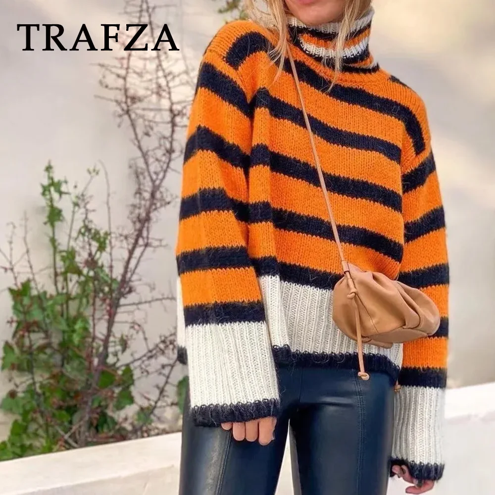 TRAFZA Fashion 2024 Autumn Striped Patch Orange Pullover Turtleneck Oversized Streetwear Women Sweater Winter Casual Knitwear