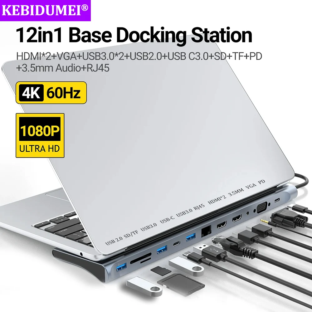 맥북 프로용 USB C 베이스 도킹 스테이션, USB 허브, 4K HD HDMI 어댑터, HDTV * 2, VGA, USB3.0, 2.0, RJ45, SD, TF, PD, 타입 C 포함, 12 인 1