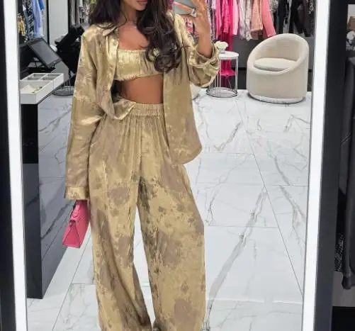 

Women's Clothing Casual Pants Outfits 2025 Summer New Fashion Lapel Long Sleeve Shirt Strapless & Wide Leg Pants Three Piece Set
