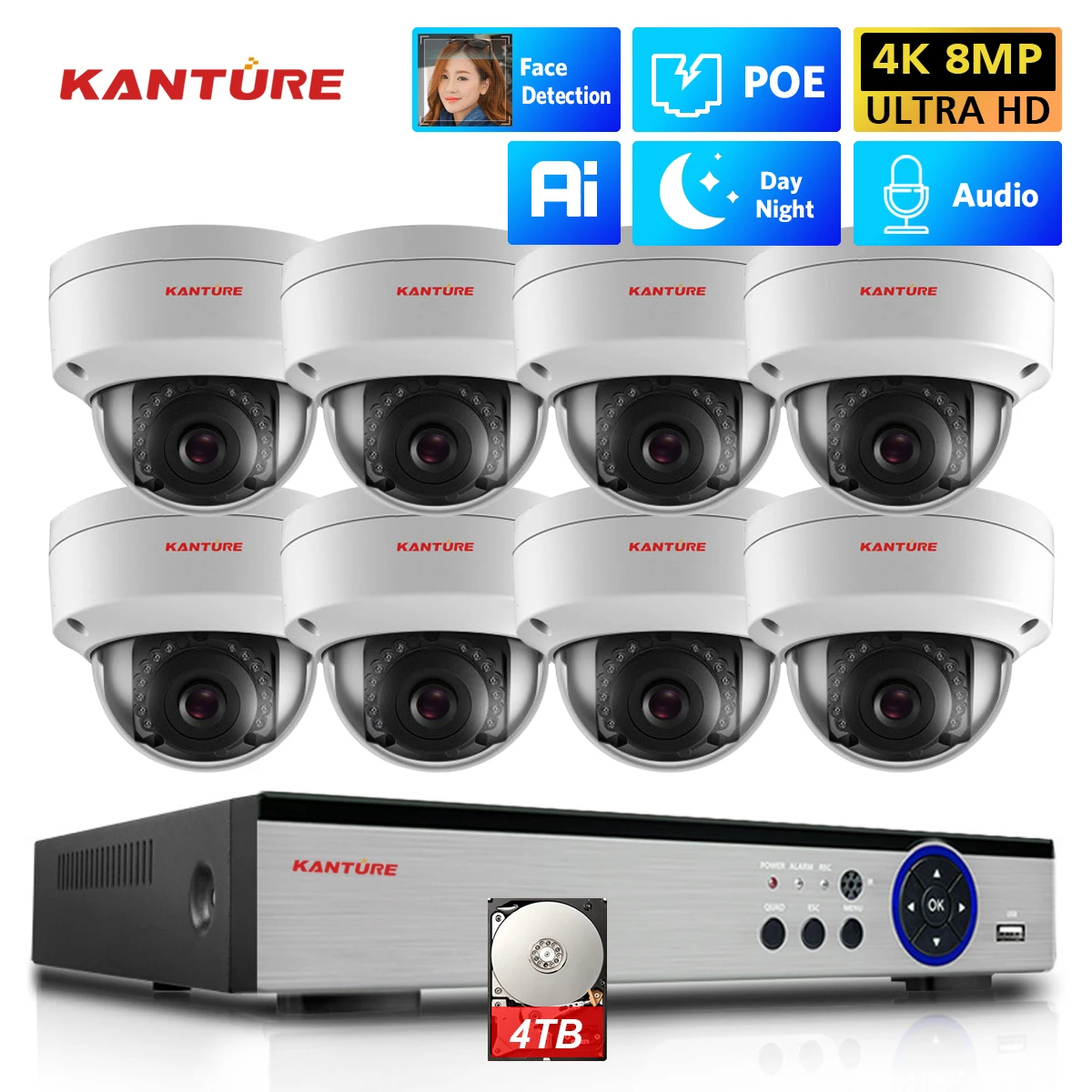 

XMEYE 8CH POE NVR Kit 4K Ai Face Detect Security Camera Audio Record Indoor Outdoor Dome Waterproof Video Surveillance Set P2P