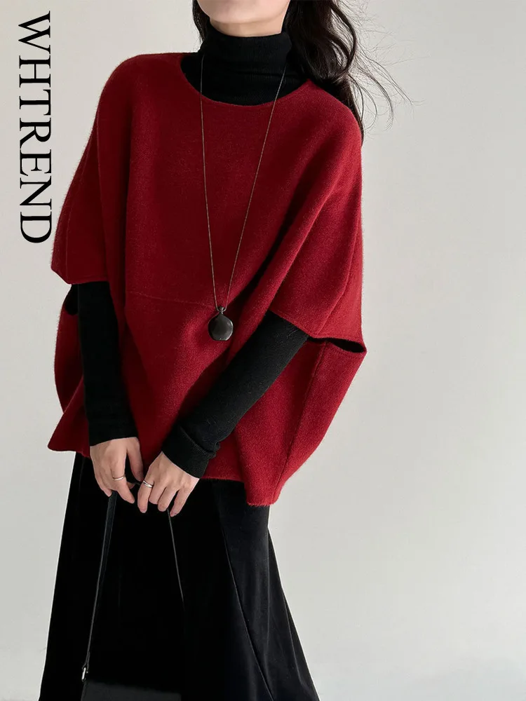 

WHTREND Дизайнерский вязаный пуловер с рукавами «летучая мышь» для женщин, осенний новый универсальный свободный свитер из мягкой шерсти WH2001