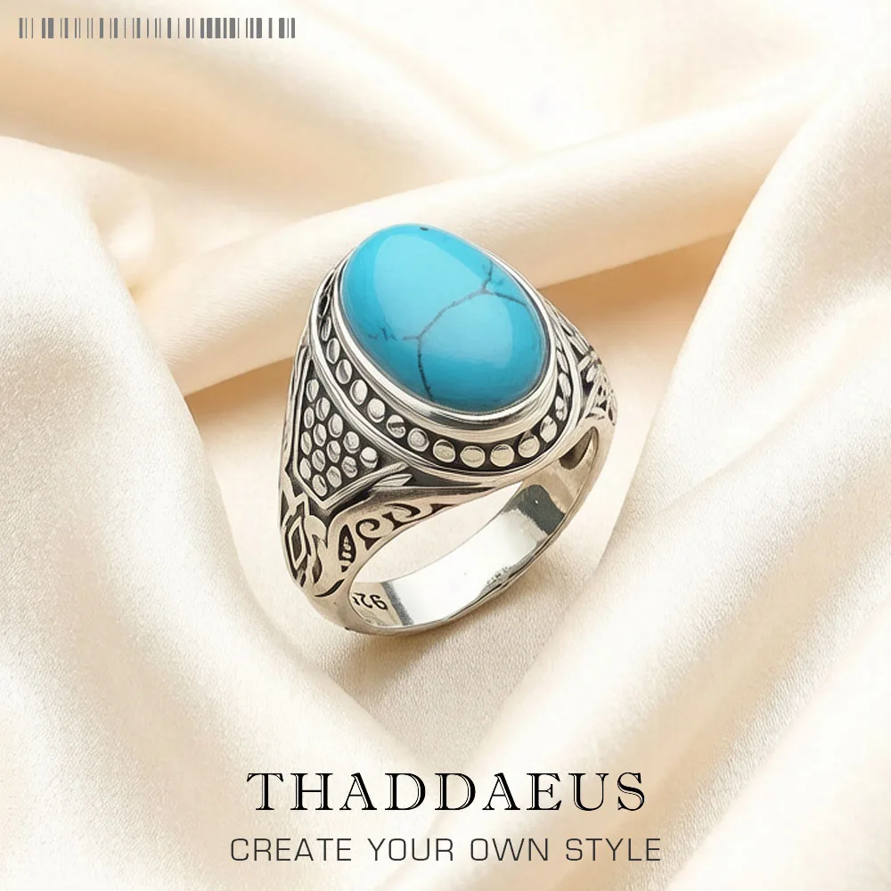 Bague porte-bonheur personnelle bleue ovale, bijoux fins ethniques pour femmes et hommes cadeau énergétique d'automne en argent Sterling 925