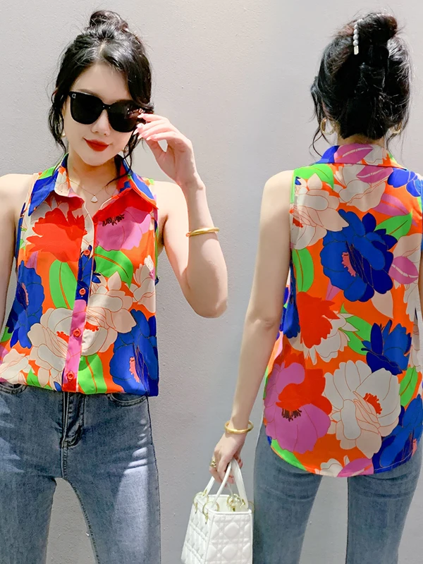 Coleção Verão 2025: Nova Blusa Feminina Casual com Estampa Floral, Proteção UV e Gola, em Fibra de Poliéster, Caimento Solto