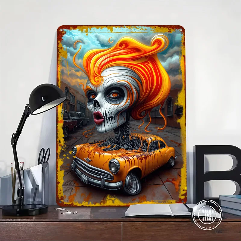 Skull Woman and : The Soul of the Machine Car Tinplate Poster Custom Wall Art Vintage Metal Signs Retro Tin Plaque for Man Cave