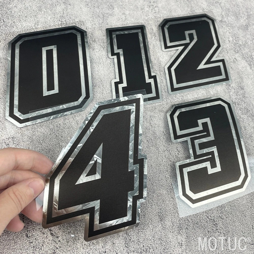 1Pc Black Racing Number Sticker, Silver Wrinkle Border 0-9 Vinyl Decal, Waterproof for Motorcycle Car Helmet