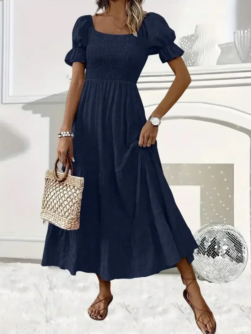 

Плюс размер 1XL-5XL женское летнее платье-туника с квадратным вырезом, платье макси, повседневное однотонное элегантное платье с короткими рукавами