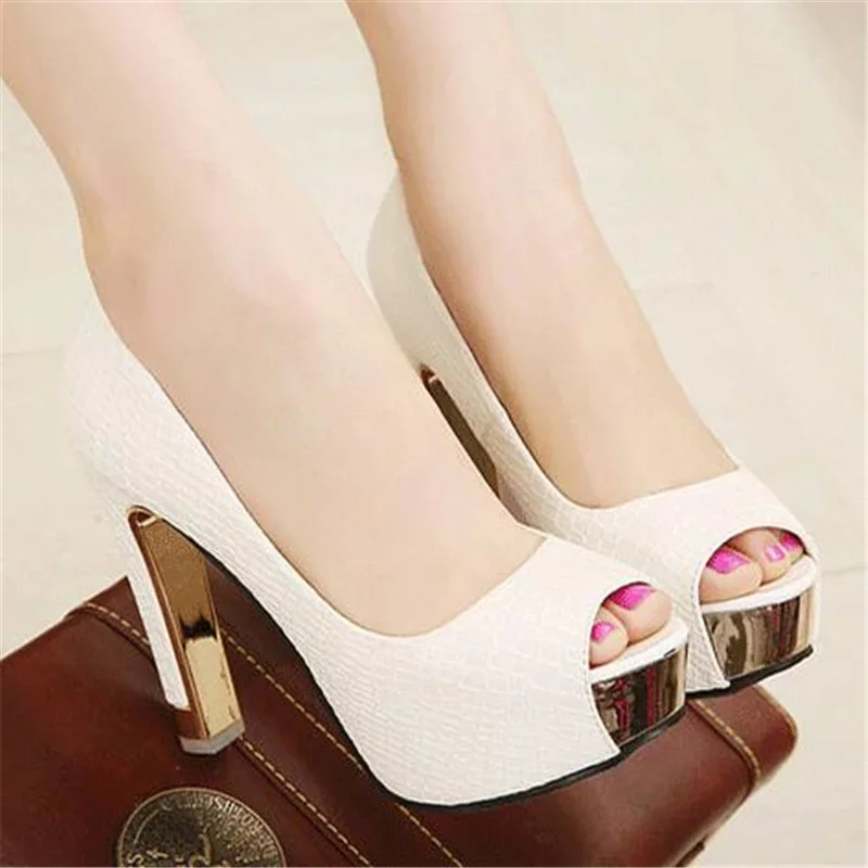 Fashion Women Pumps Platform 12CM High Heels Shoes Lady Striped Peep Toe Square Heel Dress Shoes Sexy Wedding Bridal Shoes