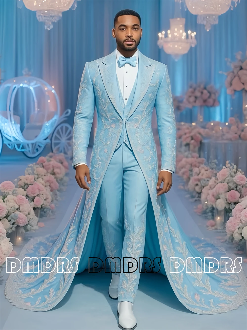 

Wedding Suit for Groom 3 Pieces Long Suit Dress Vest Pants Set with Beaded Lace Appliques Custom Size XXS-7XL Party Tuxedo