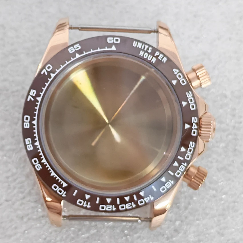39mm Rose Shell Coffee Circle Ceramic Bezel White Text for VK63 Quartz Movement Only Solid Case Back Flat Crystal Watch Case