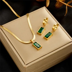 316L Stainless Steel Vintage Green Zircon Square Shape Pendant Charms Chain Necklaces Earrings Fashion High Jewelry Party Gifts