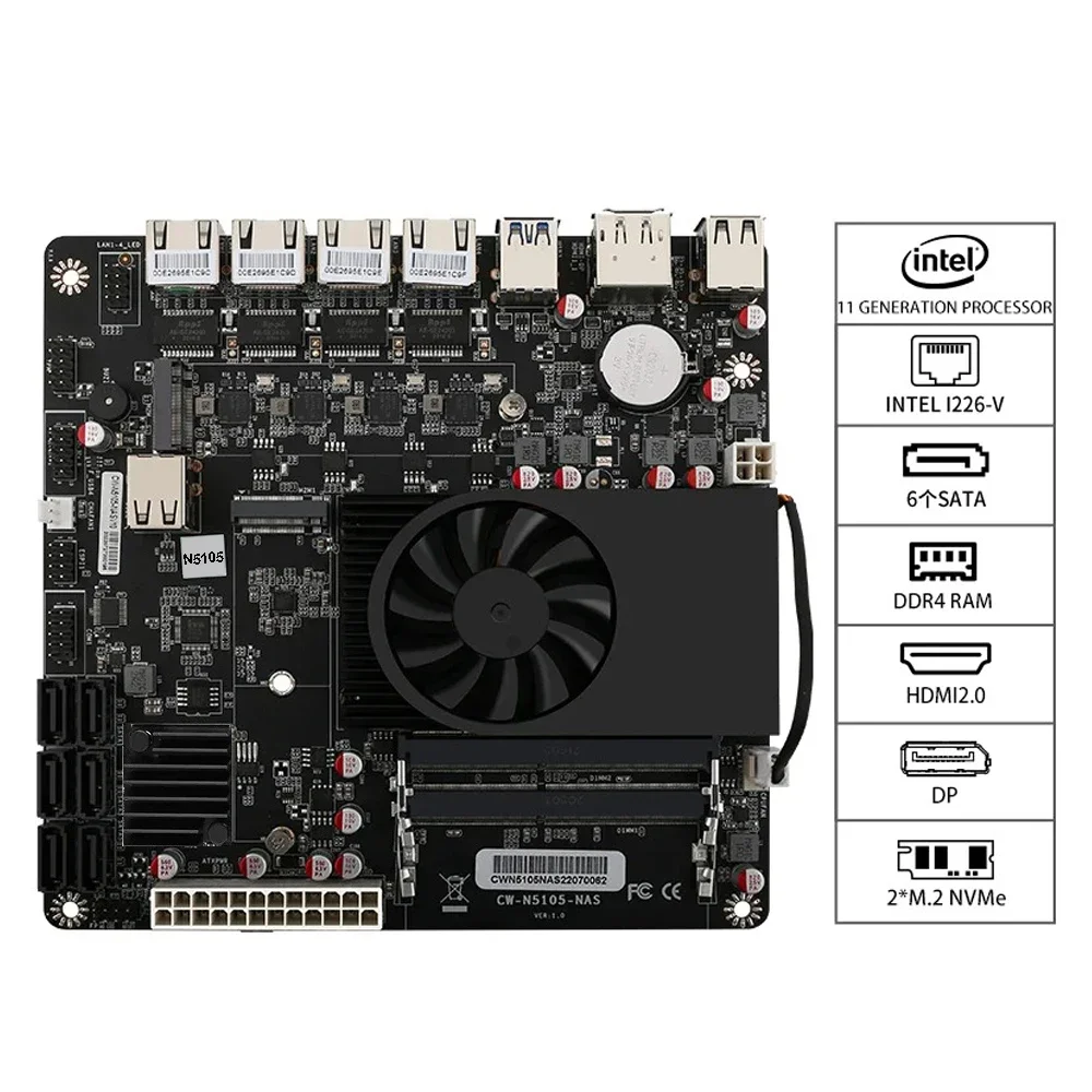 N5105/N100 NAS Motherboard 4x Intel i226-V 2.5G 2* M.2 NVMe 6* SATA3.0 HDMI2.0 DP Mini ITX board 17X17CM NAS Board For DIY