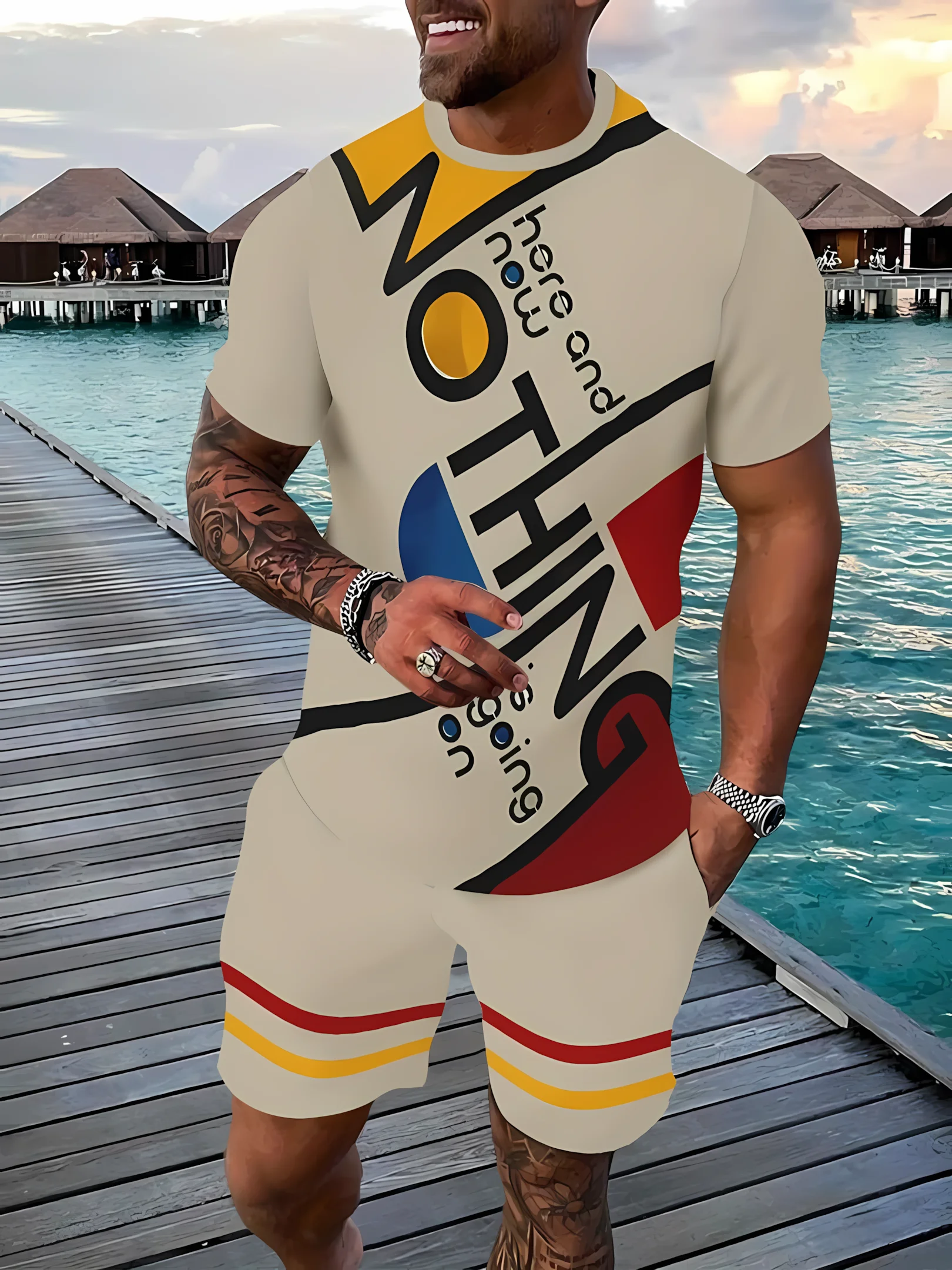 

Men's outdoor leisure sports 3D printed round neck short sleeved T-shirt and shorts set trendy and fashionable men's T-shirt