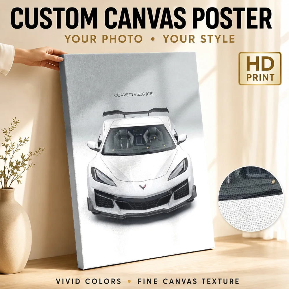 White Sports Corvette Z06 C8 Framed Canvas Print Poster Personalized Photo Modern Aesthetic Wall Art for Office Hallway Decor