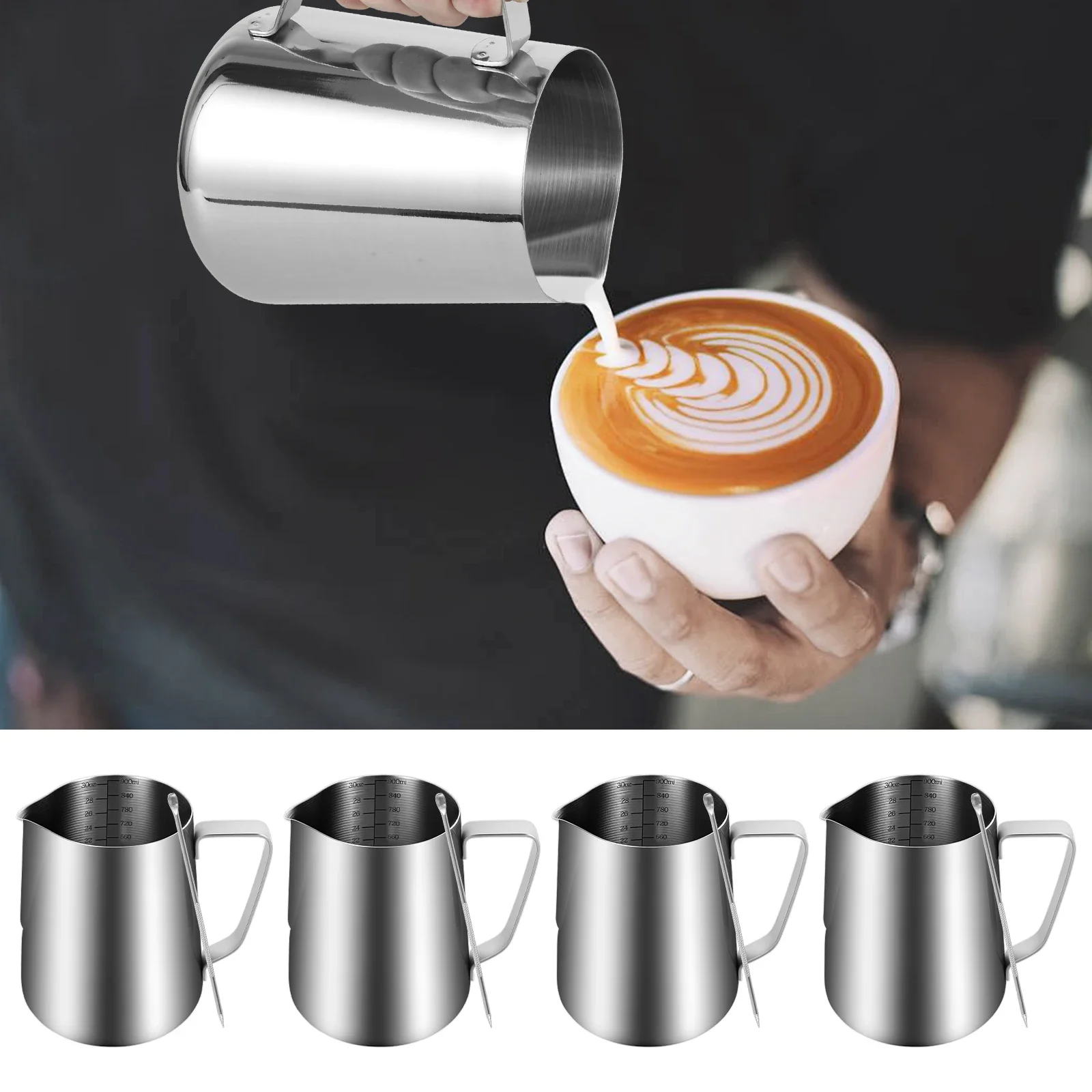 

4Pcs Milk Pitcher Kit Versatile Solid Stainless Steel Coffee Pitcher Set Latte Art Barista Steam Jug Cup for Coffee Baking
