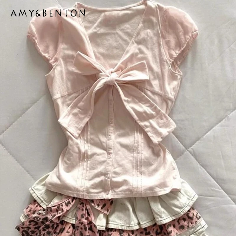 

French Retro Pink Bow Short Sleeve Women's T-Shirt 2025 Summer New Design Sweet Cute Y2k V-Neck Sleeveless T-shirts Top Ladies
