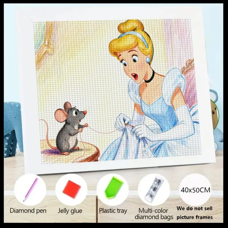 Kit de pintura de diamante de taladro completo 5D DIY, arte de tejido de princesa Cenicienta y ratón alegre de dibujos animados, gema de cristal brillante, 1 ud.
