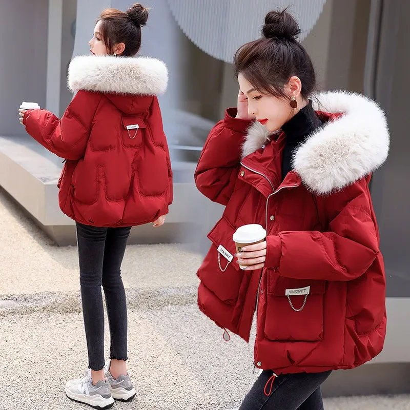Warm Short Coat Women's Top 2026 Winter New Large fur collar Down cotton Jacket Female Cotton Loose Coats Casual Student Outwear