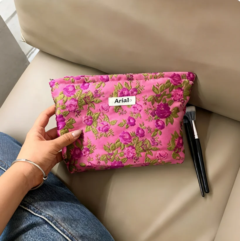 Floral-Pattern Small Canvas Cosmetic Bag Portable Travel Toiletry Pouch Inner Liner Skincare Storage Wallet for Women