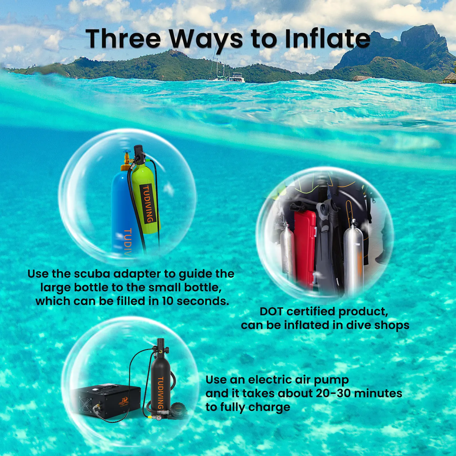 TUDIVING-2L Mini bombola per immersioni subacquee Supporto per respiro da 30-45 minuti, bombola per immersioni subacquee portatile, bombola per immersioni riutilizzabile