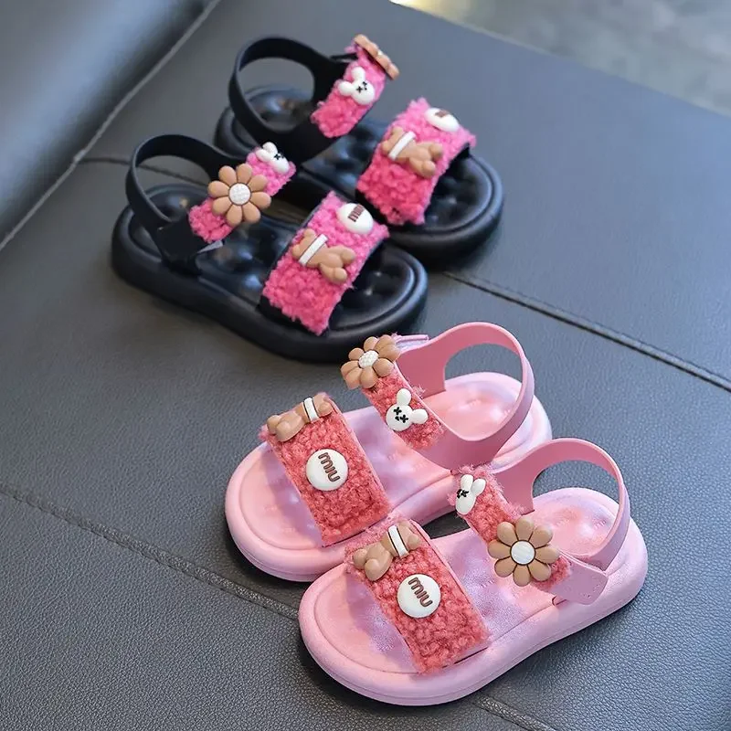 Sandalias antideslizantes de fondo suave con forma bonita para niños, Sandalias planas de Punta abierta informales para niñas, Playa