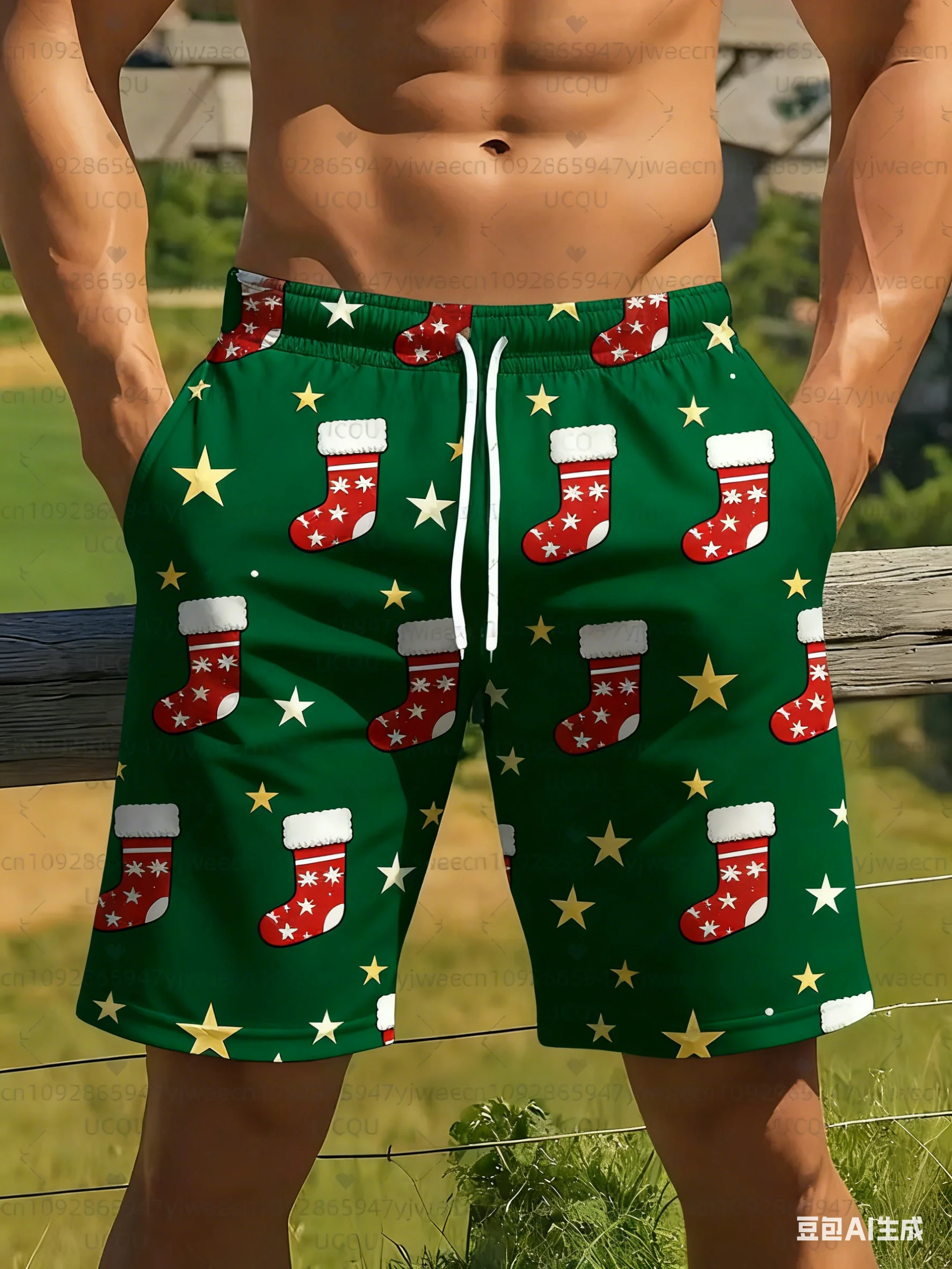الرجال عيد الميلاد سروال سباحة قصير الأحمر والأبيض ندفة الثلج هولي مطبوعة سريعة الجافة بحر عطلة الصيف عطلة هاواي الرجال السراويل