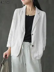 2024 ZANZEA Vintage Women Lapel Neck Long Sleeve Cotton Blazer Autumn Loose Thin Outwear Spring Solid Work Coats Casual Jackets