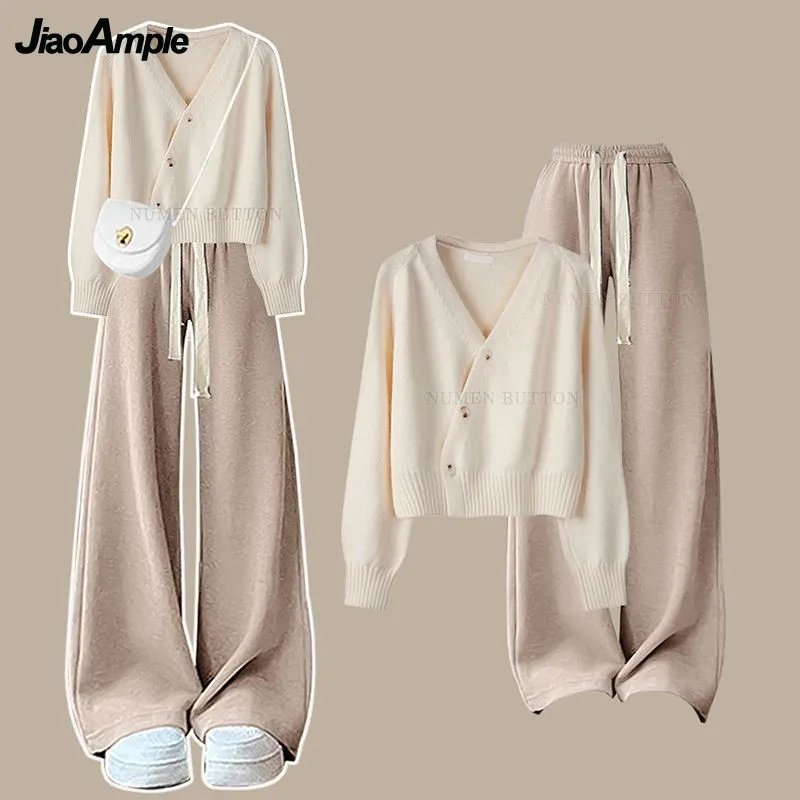 2024 Women Autumn Winter New Knit Sweater Coat+Casual Wide Leg Pants Two Piece Suit Korean Elegant Hoodie Trousers Matching Set