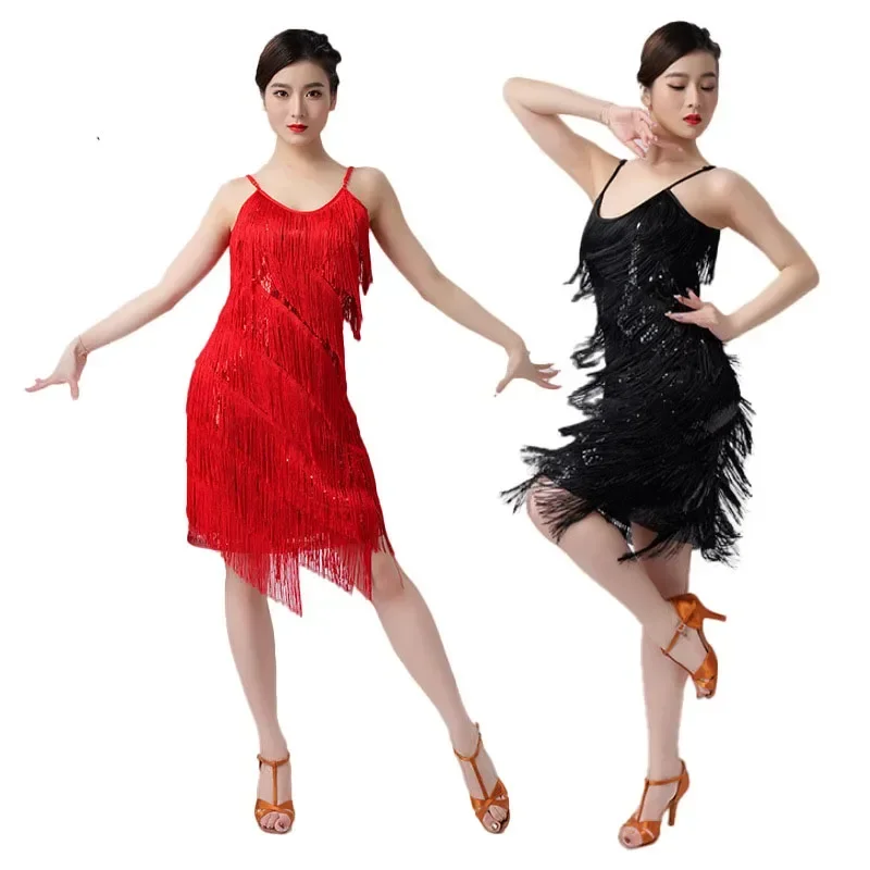 Nuevo vestido de baile latino con lentejuelas y flecos para mujeres adultas, vestido de baile para fiesta, competición de escenario, faldas sexys, trajes de baile latino