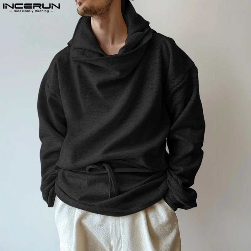 INCERUN Tops 2024 American Style Fashion Men Solid Pile Collar Hooded Sweatshirt Streetwear Men Long Sleeved Pullover Sweatshirt