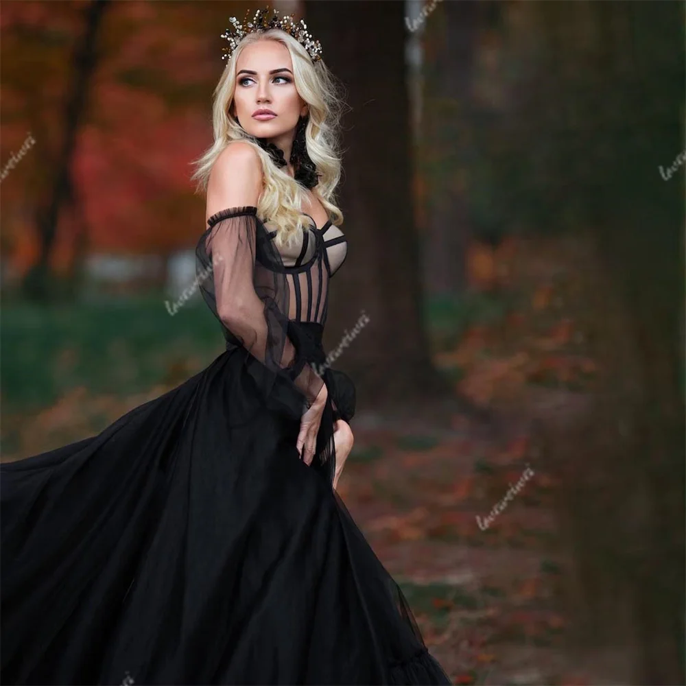 Gothic Zwarte Avondjurk Off The Shoulder Sweetheart Prom Jurken Lange Mouwen Tule Prachtige Formele Feestjurken Vestido