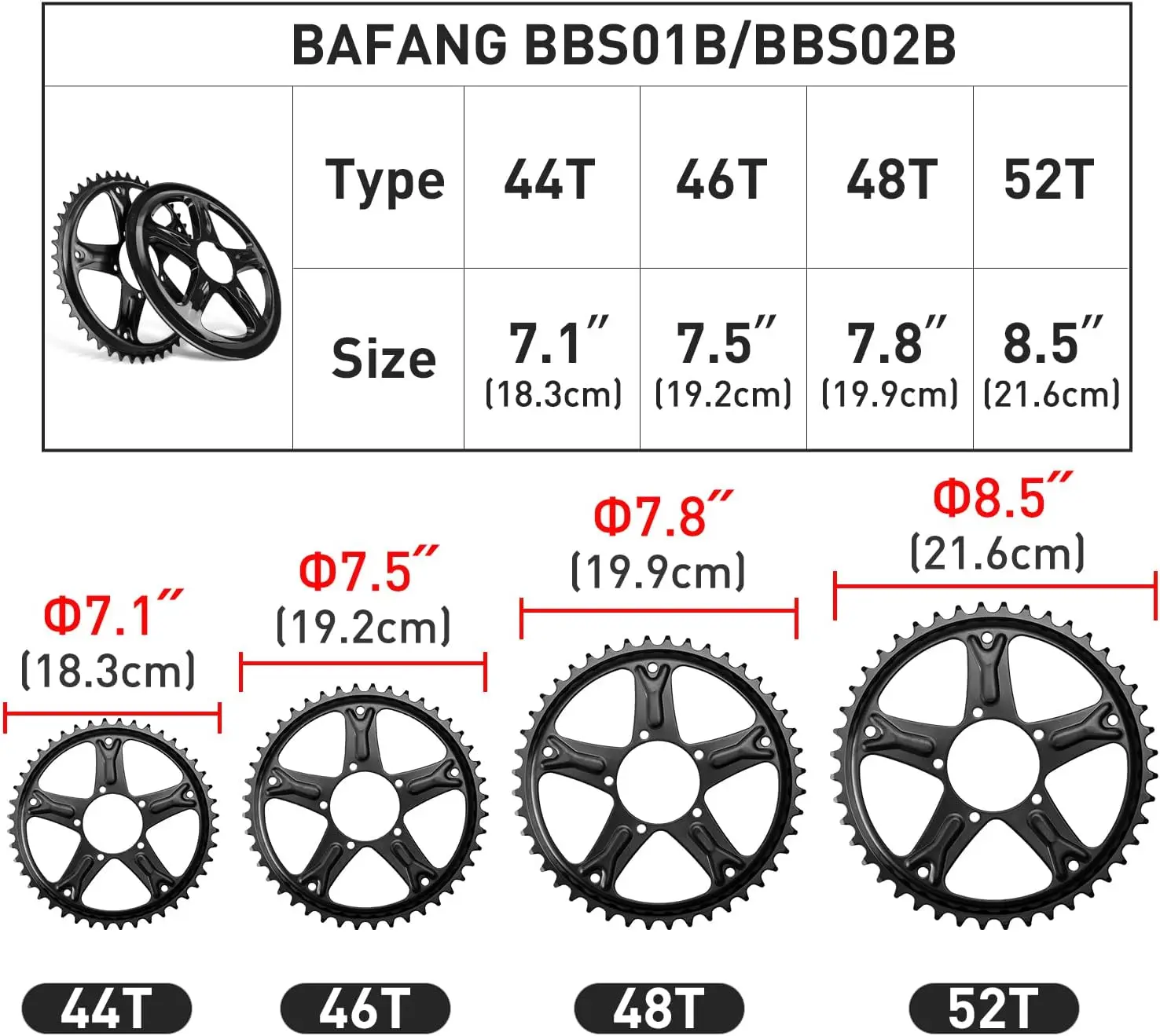 Ruota di catena per ruota dentata motore Bafang Mid Drive 36T 38T 42T 44T 46T 48T 52T per motore BBS01B BBS02B BBSHD