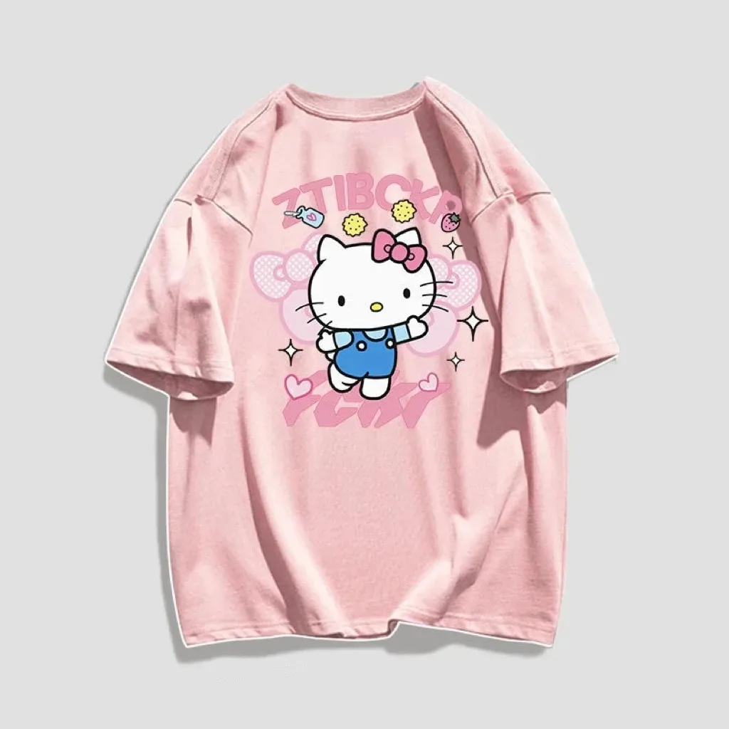 Caricature Styles Fashion Shirts Print Short Sleeve T-Shirts Women Clothing Hello Kitty T shirt For Women Tops Woman clothing