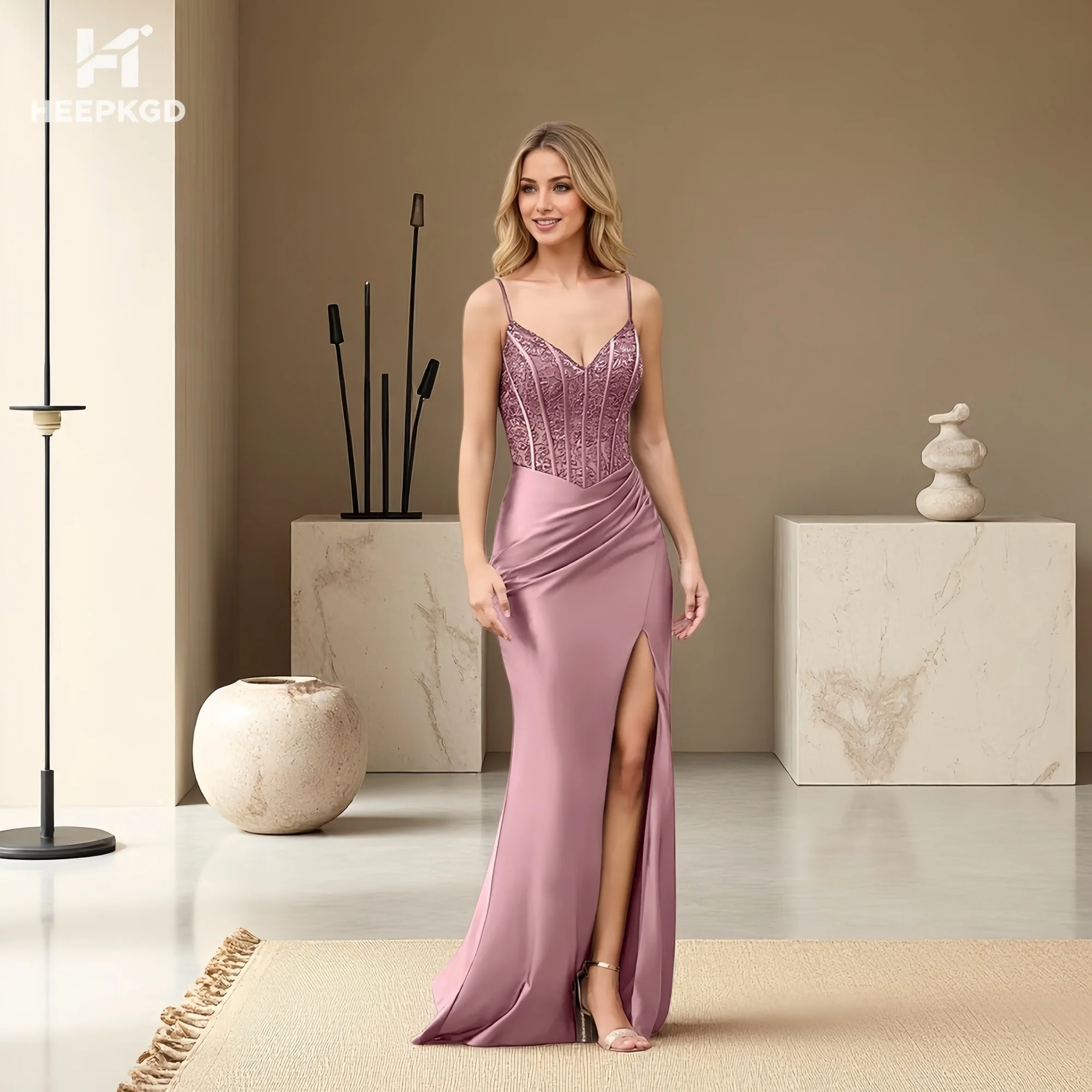 

Simple Dusty Pink Long Evening Dress 2026 Side Split Backless Lace Satin Maxi Women Formal Gowns For Birthday Party