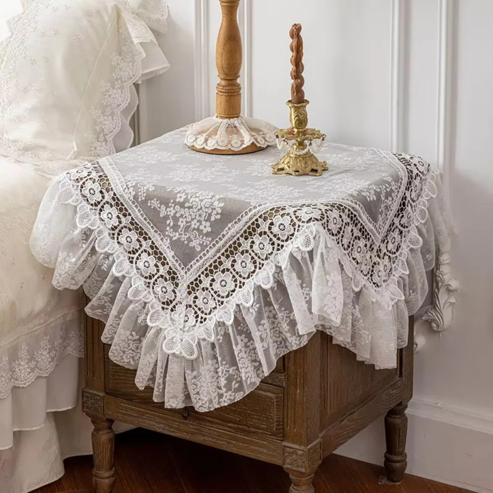 Embroidered Flower Pattern French Lace Tablecloth Non-slip Decorative Armchair Dust Cover White Dust-proof