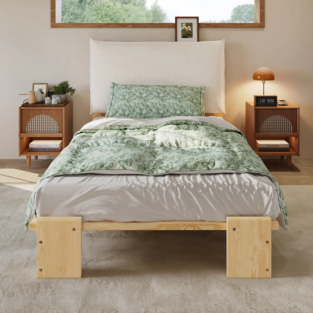 PINGGO Samtbezogenes Einzelbett für Kinder, weiche Rückenlehne, stabiler Rahmen, 90 x 200 cm, Bettgestell aus Kiefernholz, Schaumstoff und Sperrholz, ohne Matratze – Detail 4