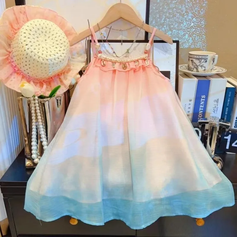

Summer new style girls' dopamine suspender long dress, fashionable gradient color fairy dress, seaside vacation style dress