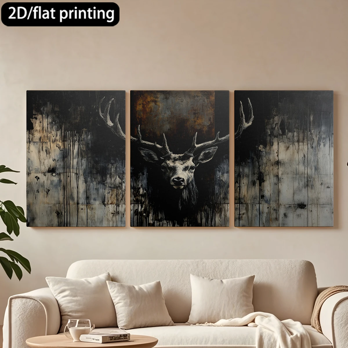 

3pc wooden frame canvas decorative paintingStriking stag head art, rust background.Corridor bedroom decoration