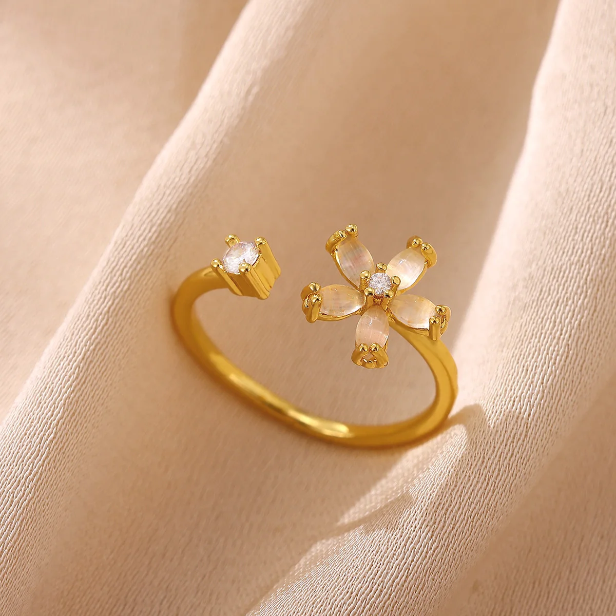 Opal Flower Rings For Women Cubic Zirconia Openning Stainless Steel Flower Ring Wedding Floral Aesthetic Jewelry anillos mujer