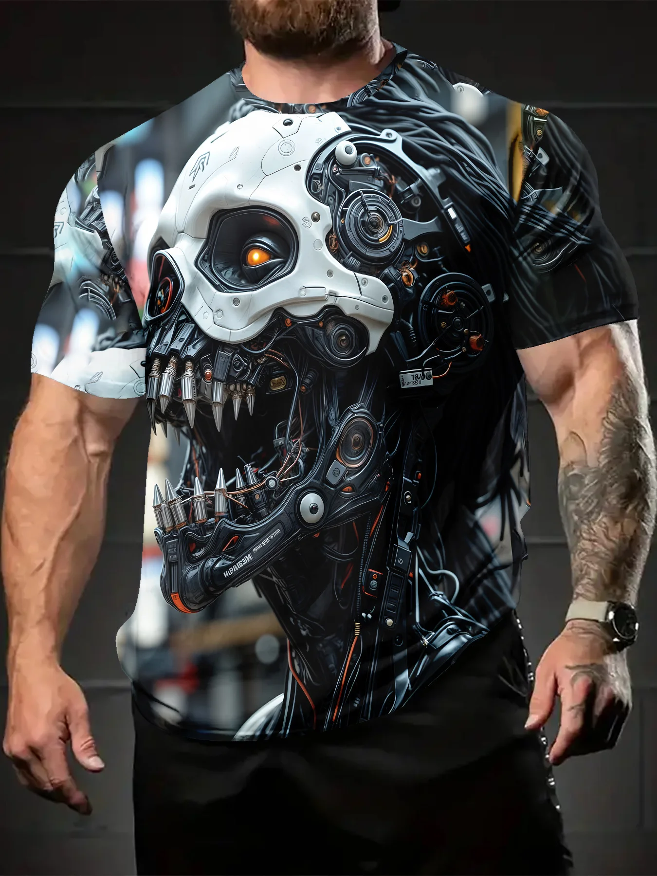 Camiseta con estampado 3D Cyberpunk Skull & Circuit para hombre, contraste blanco y negro, manga corta transpirable con cuello redondo, urbana duradera