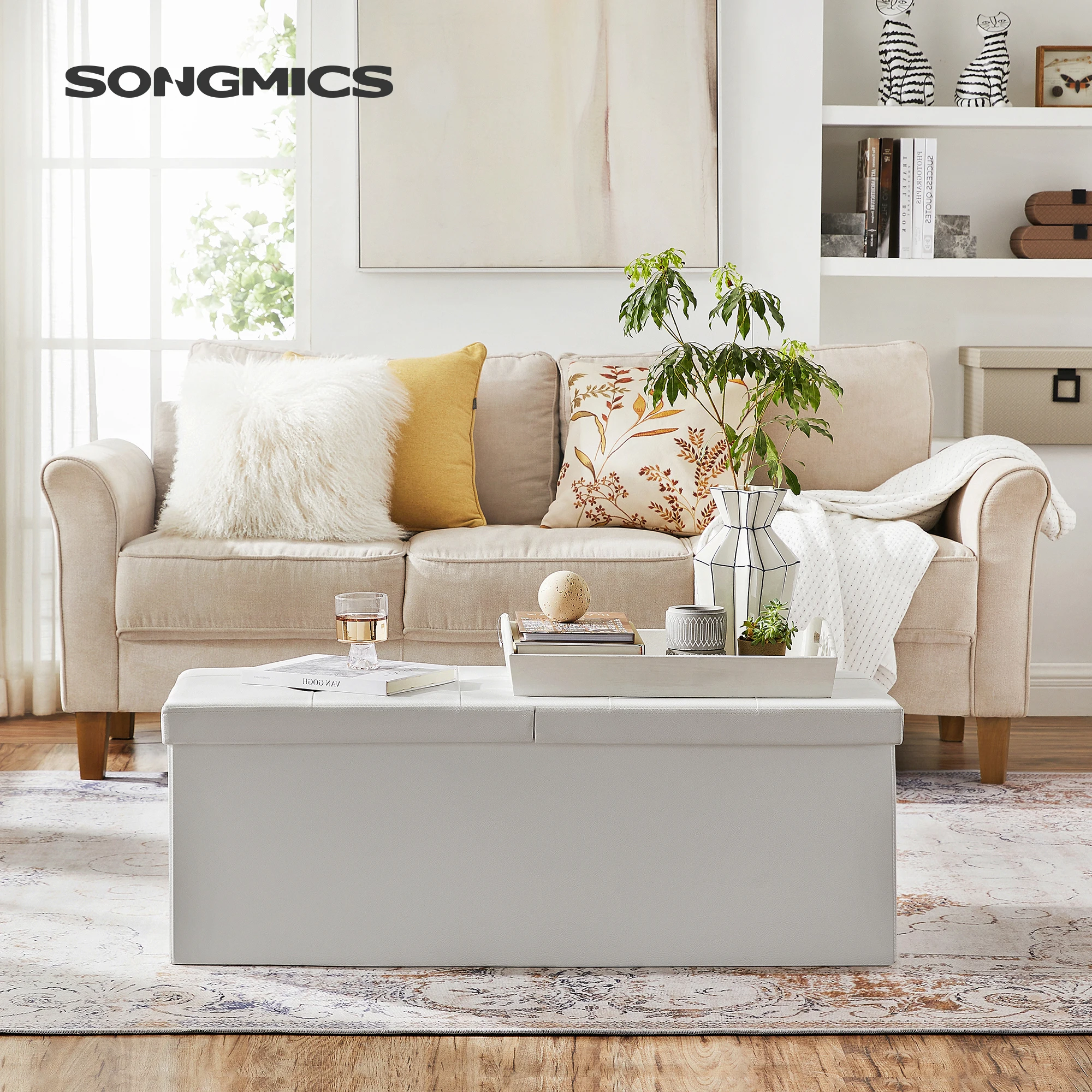 SONGMICS 43 Inches Folding Storage Ottoman Bench with Flipping Lid, Storage Chest Footrest Padded Seat with Iron Frame Support