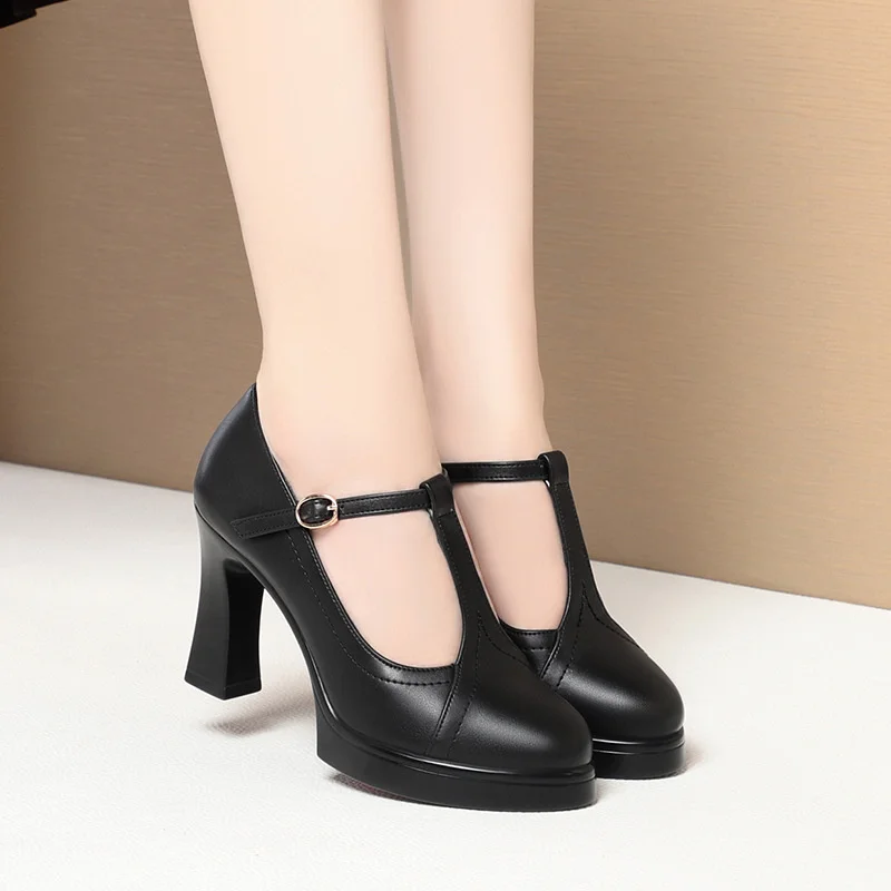 

High Heel Single Shoes for Women Spring and Summer Thick Heel Model Catwalk Shoes Commuting Waterproof Platform Leather Shoes
