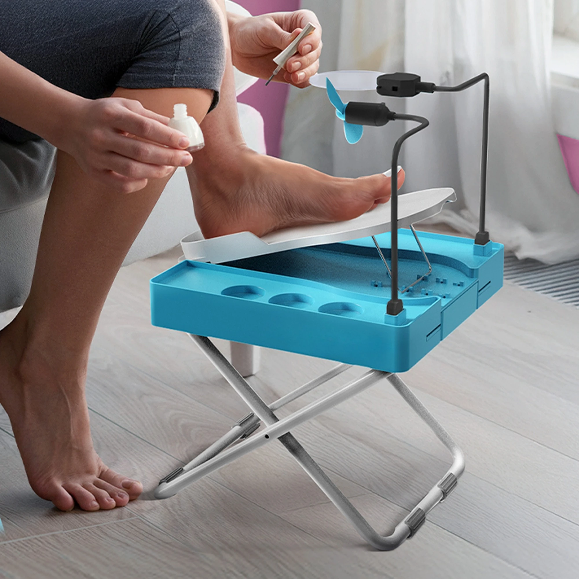 Foldable Pedicure Station with USB Fan Magnifying Light 5 Adjustable Foot Positions For At-Home Nail Care Salon Travel Use
