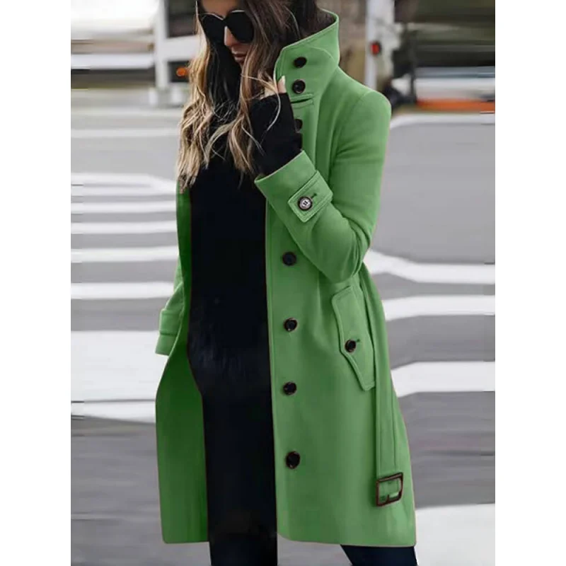 Women's Trench Coat High-collar Single-breasted Jacket Lined with Belt Long Coats Street Fashion Commuter Outwear EU Size