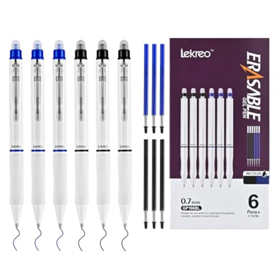 

Erasable Gel Pens, 0.7mm Medium Point, 6 Count, Black and Blue Ink, Erasable Pens Clicker + 6 Counts Refills, Make Mistakes Dis