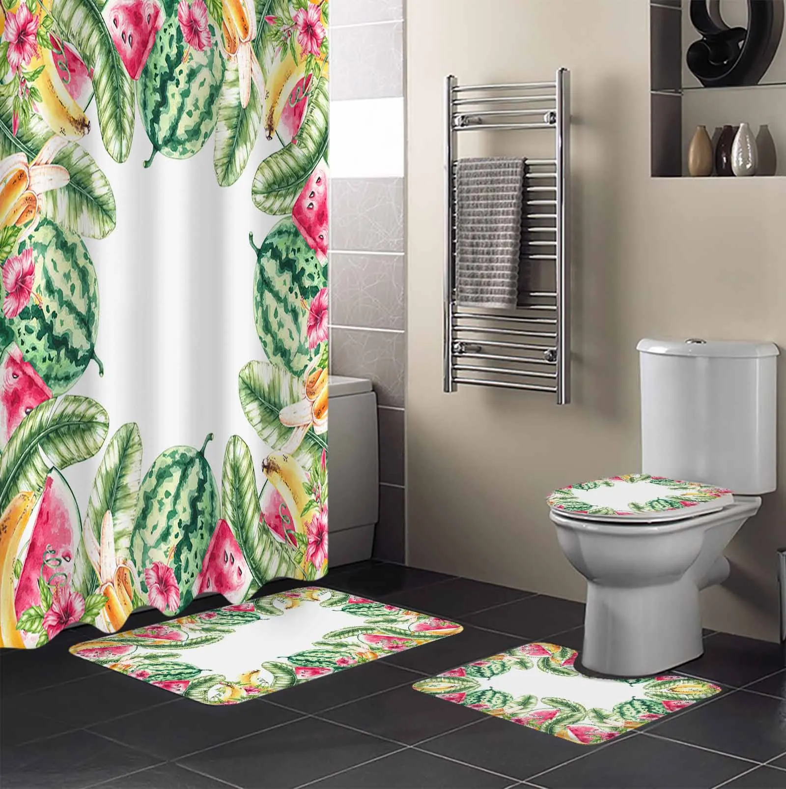 Summer Watermelon Banana Leaf Flower Shower Curtain Non-Slip Rugs Toilet Lid Cover and Bath Mat Bathroom Curtains with Hooks