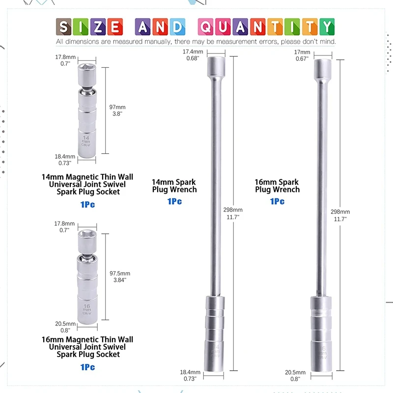 4Pcs 14MM And 16MM Swivel Spark Plug Socket Set, 3/8-Inch Drive 12-Point Thin Wall Magnetic Spark Plug