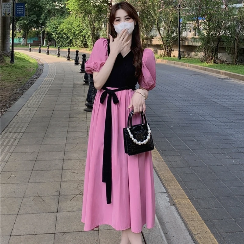 

Women Fashion Summer Dresses 2024 Spliced Hit Color Drawstring Puff Sleeves Vintage Midi Dress French Pink Sweet Elegant Clothes